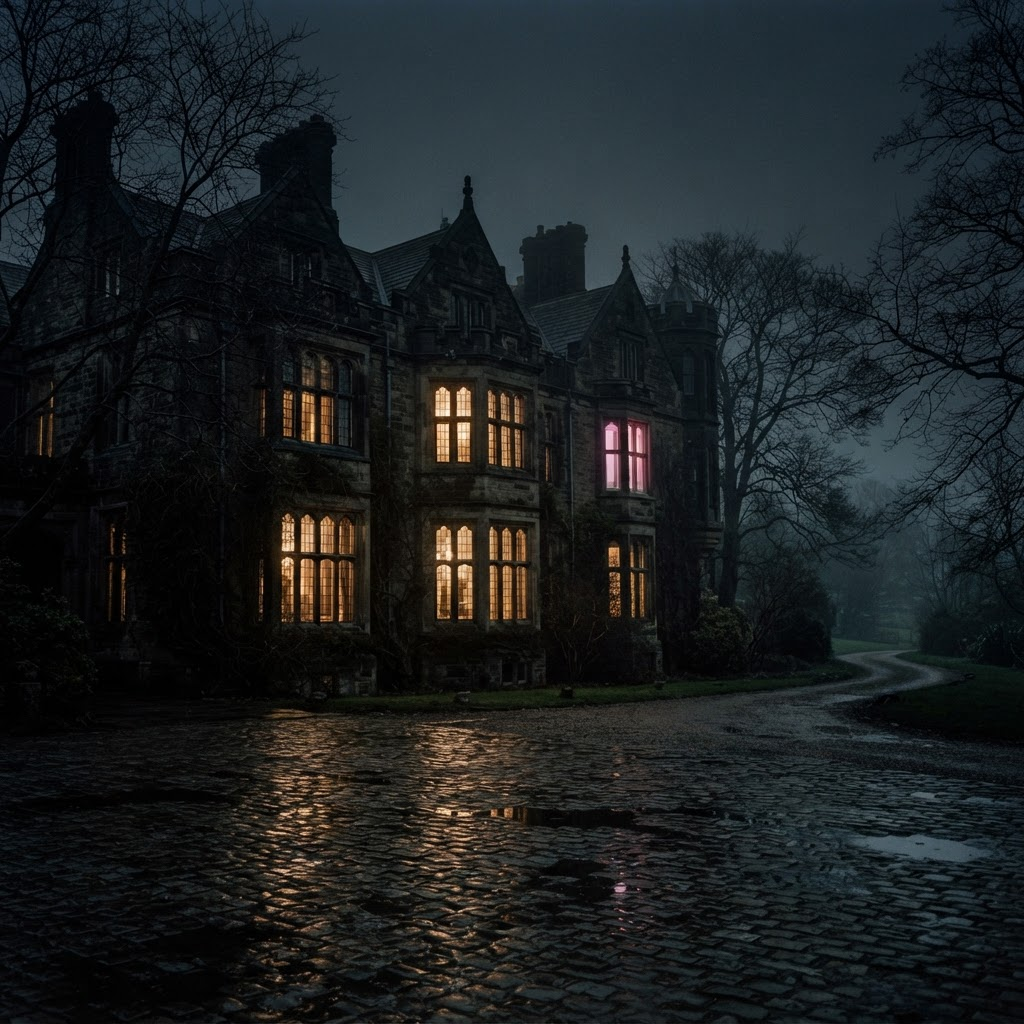 The Manor at night, warm light in its arched windows